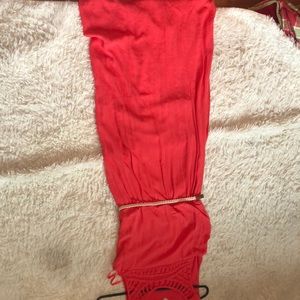 Orange dress with belt and cool designed top